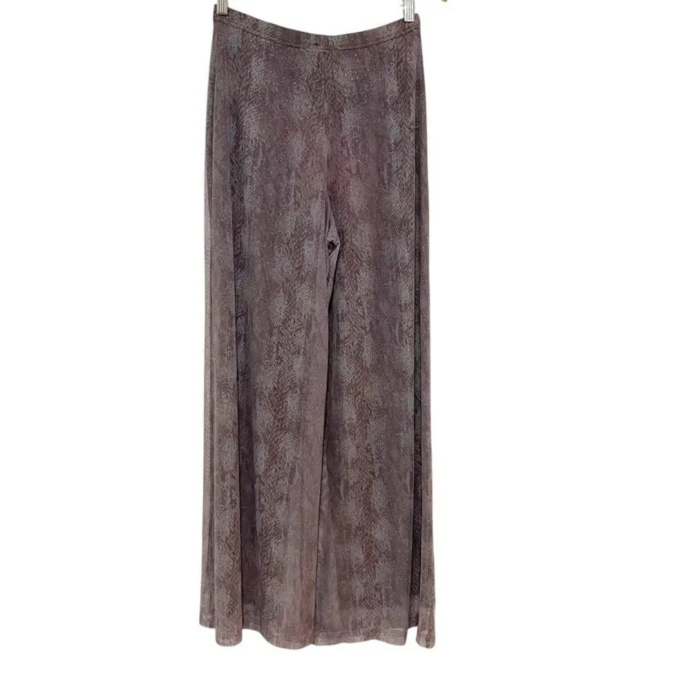 Cache Snake Print Lined mesh Sheer Flowy Palazzo Purple Taupe Wide Leg Pants M - Picture 5 of 12